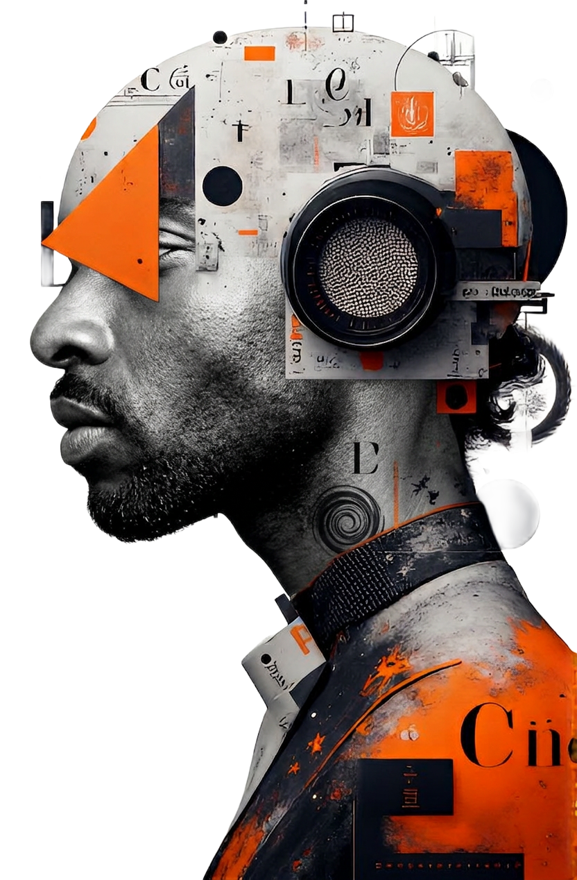 Monochrome profile portrait with orange geometric collage — Xceptional Design Lab